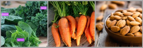 fotografie verdure a foglia verde, carote, mandorle